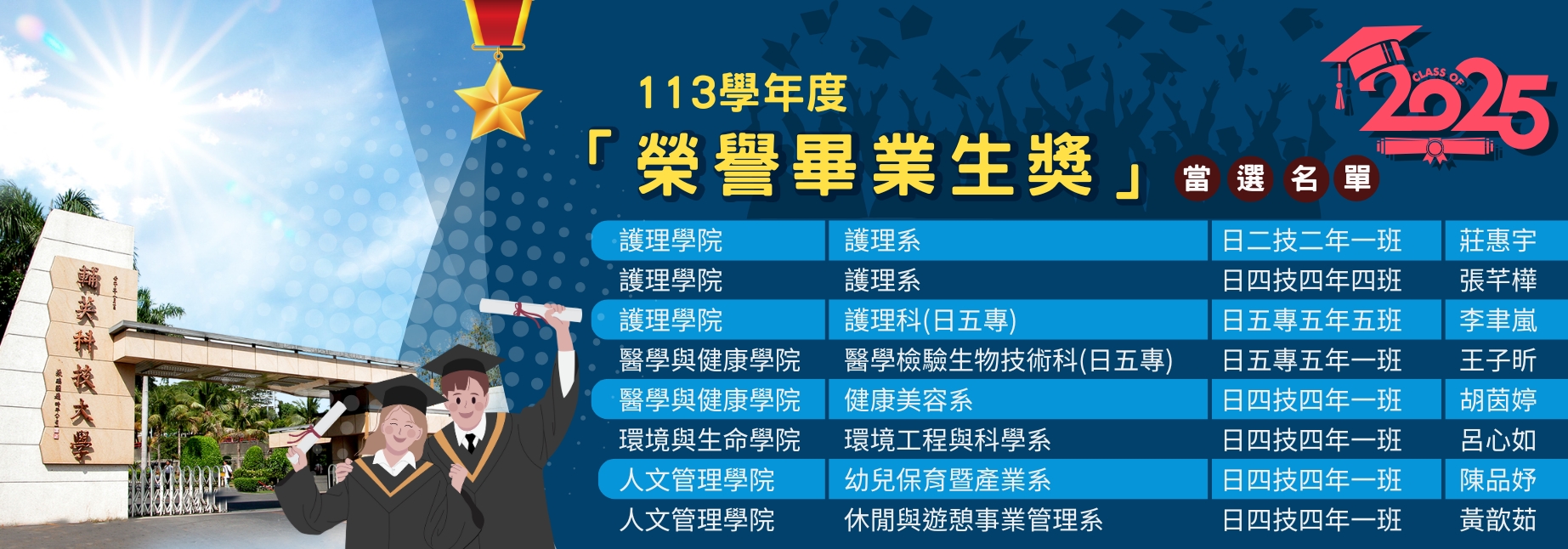 113學年度「榮譽畢業生獎」獲獎名單